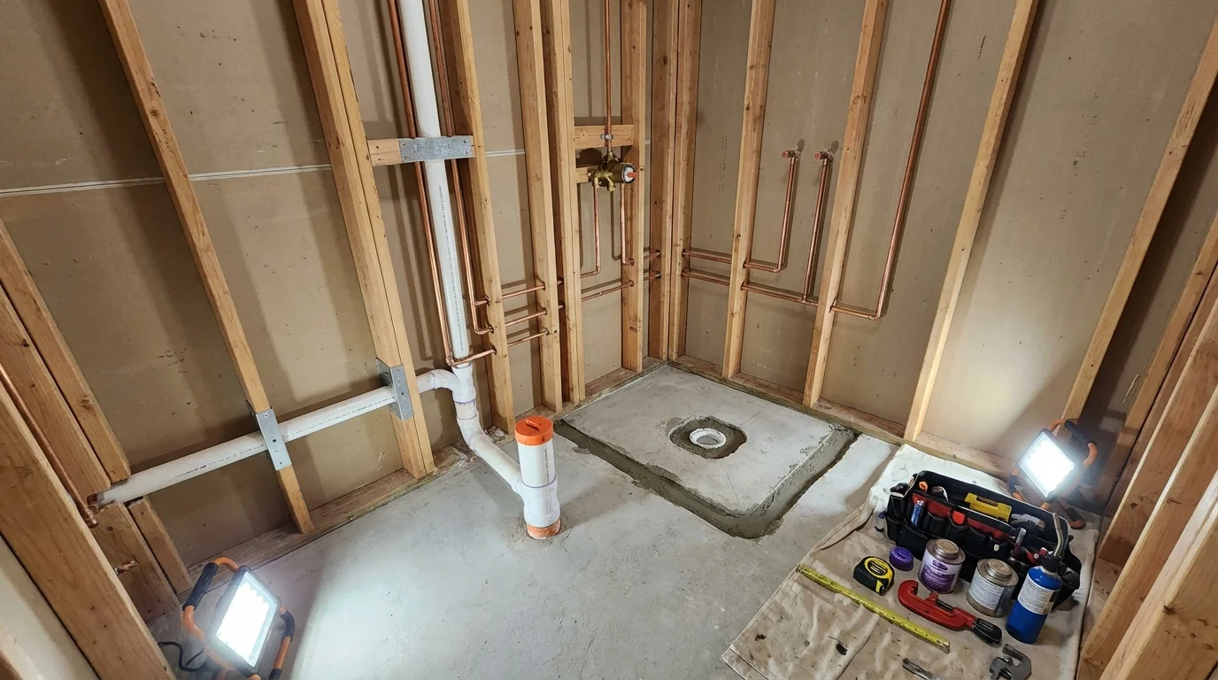 Bathroom rough-in plumbing during remodel by Johns Plumbing LLC in Preston