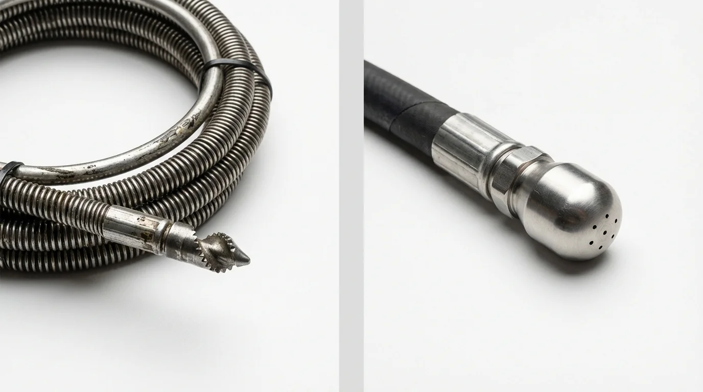 Drain snake cable and hydro jetting nozzle used for drain cleaning in Preston, ID