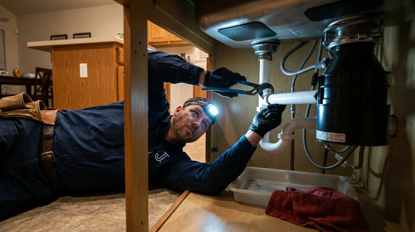P-trap and supply line connections under a kitchen sink showing a common leak point in Preston, ID